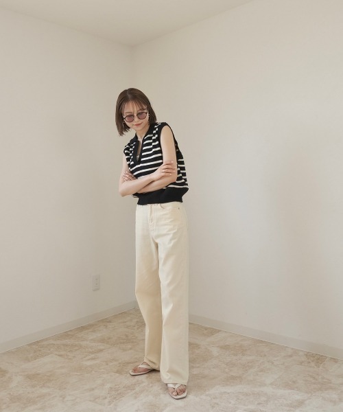 Reurie'（レウリィ）の「ボーダーニットベスト / ノースリーブ ポロニット ポロ衿 サマーニット アイボリー ブラック（ベスト・レディース・ホワイト×ブラック/ブラック×ホワイト・FREE）」の16枚目の写真