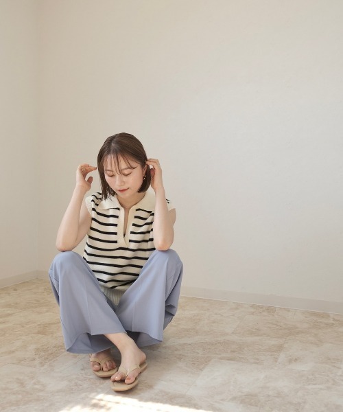 Reurie'（レウリィ）の「ボーダーニットベスト / ノースリーブ ポロニット ポロ衿 サマーニット アイボリー ブラック（ベスト・レディース・ホワイト×ブラック/ブラック×ホワイト・FREE）」の3枚目の写真