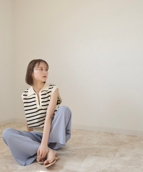 Reurie'（レウリィ）の「ボーダーニットベスト / ノースリーブ ポロニット ポロ衿 サマーニット アイボリー ブラック（ベスト・レディース・ホワイト×ブラック/ブラック×ホワイト・FREE）」の22枚目の写真