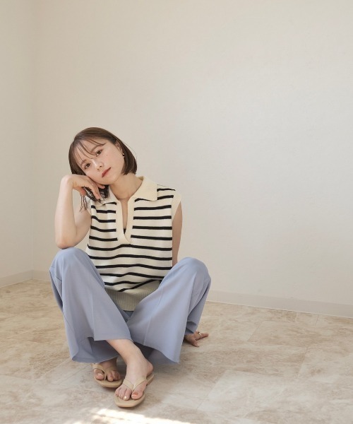 Reurie'（レウリィ）の「ボーダーニットベスト / ノースリーブ ポロニット ポロ衿 サマーニット アイボリー ブラック（ベスト・レディース・ホワイト×ブラック/ブラック×ホワイト・FREE）」の12枚目の写真