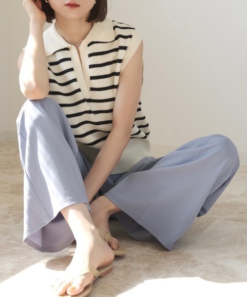 Reurie'（レウリィ）の「ボーダーニットベスト / ノースリーブ ポロニット ポロ衿 サマーニット アイボリー ブラック（ベスト・レディース・ホワイト×ブラック/ブラック×ホワイト・FREE）」の11枚目の写真