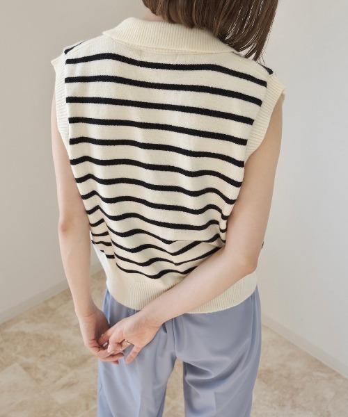 Reurie'（レウリィ）の「ボーダーニットベスト / ノースリーブ ポロニット ポロ衿 サマーニット アイボリー ブラック（ベスト・レディース・ホワイト×ブラック/ブラック×ホワイト・FREE）」の20枚目の写真