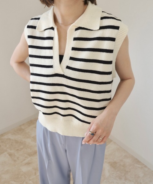 Reurie'（レウリィ）の「ボーダーニットベスト / ノースリーブ ポロニット ポロ衿 サマーニット アイボリー ブラック（ベスト・レディース・ホワイト×ブラック/ブラック×ホワイト・FREE）」の17枚目の写真