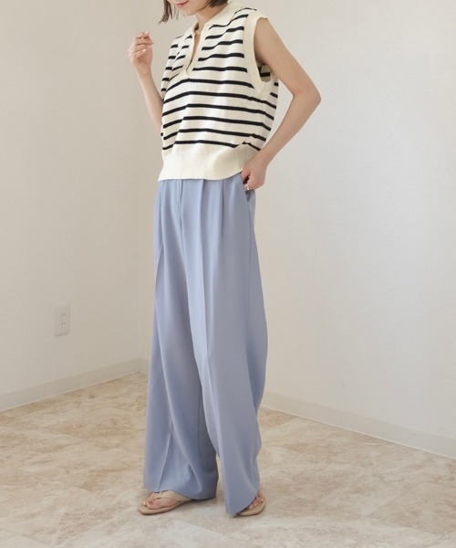 Reurie'（レウリィ）の「ボーダーニットベスト / ノースリーブ ポロニット ポロ衿 サマーニット アイボリー ブラック（ベスト・レディース・ホワイト×ブラック/ブラック×ホワイト・FREE）」の7枚目の写真