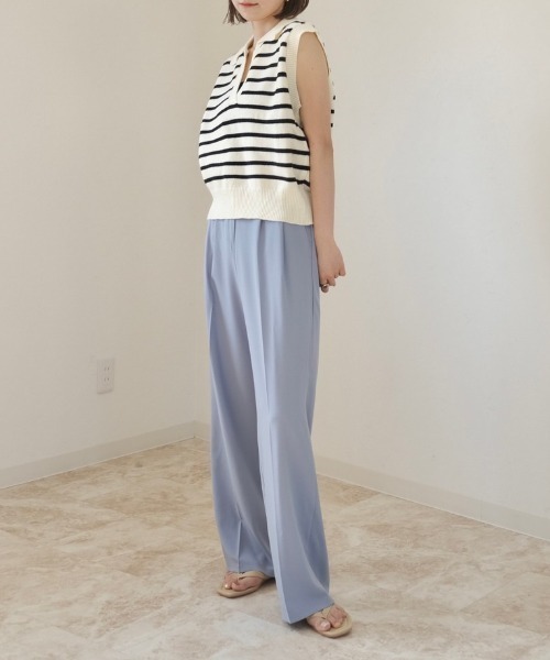 Reurie'（レウリィ）の「ボーダーニットベスト / ノースリーブ ポロニット ポロ衿 サマーニット アイボリー ブラック（ベスト・レディース・ホワイト×ブラック/ブラック×ホワイト・FREE）」の4枚目の写真