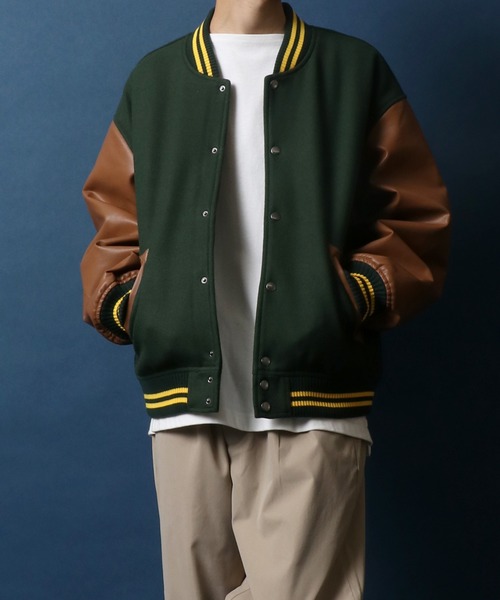 ANPAS(アンパス)の「ANPAS Synthetic Leather&Melton Oversize Varsity Jacket/ANPAS 別注 メルトン オーバーサイズ シンセティックレザー スタジャン(スタジャン・メンズ・ブラック/ネイビー/グリーン・LL/M/L)」の1枚目の写真