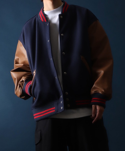 ANPAS(アンパス)の「ANPAS Synthetic Leather&Melton Oversize Varsity Jacket/ANPAS 別注 メルトン オーバーサイズ シンセティックレザー スタジャン(スタジャン・メンズ・ブラック/ネイビー/グリーン・LL/M/L)」の11枚目の写真