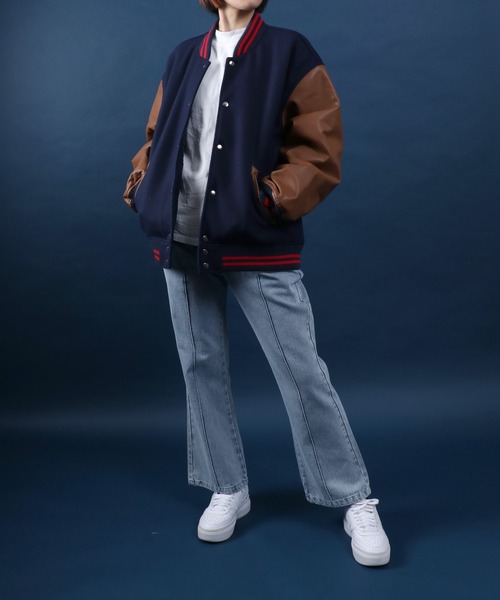 ANPAS(アンパス)の「ANPAS Synthetic Leather&Melton Oversize Varsity Jacket/ANPAS 別注 メルトン オーバーサイズ シンセティックレザー スタジャン(スタジャン・メンズ・ブラック/ネイビー/グリーン・LL/M/L)」の12枚目の写真