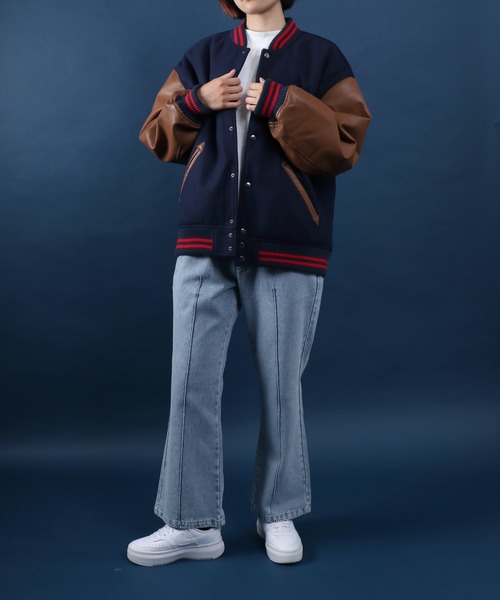 ANPAS(アンパス)の「ANPAS Synthetic Leather&Melton Oversize Varsity Jacket/ANPAS 別注 メルトン オーバーサイズ シンセティックレザー スタジャン(スタジャン・メンズ・ブラック/ネイビー/グリーン・LL/M/L)」の14枚目の写真