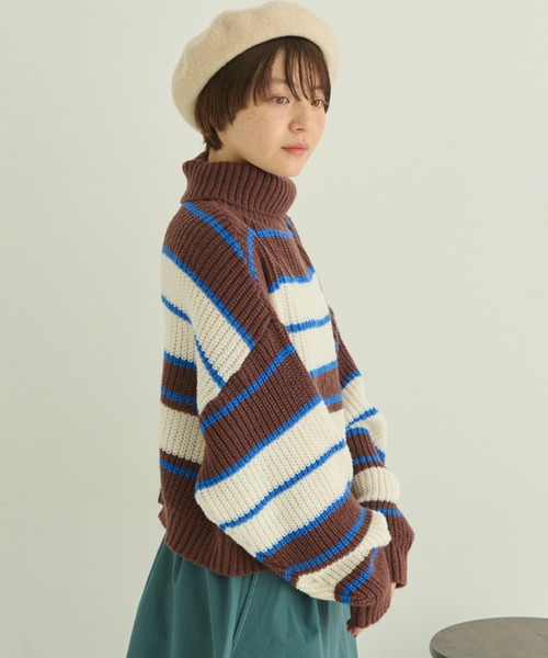 MERLOT（メルロー）の「マルチボーダータートルニット（ニット/セーター・レディース・オレンジ/ブラウン/ナチュラル・FREE）」の14枚目の写真