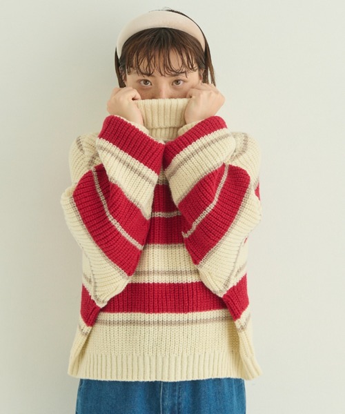 MERLOT（メルロー）の「マルチボーダータートルニット（ニット/セーター・レディース・オレンジ/ブラウン/ナチュラル・FREE）」の9枚目の写真