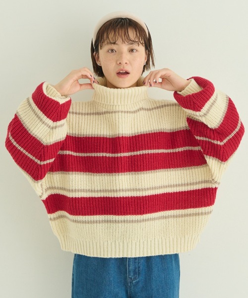 MERLOT（メルロー）の「マルチボーダータートルニット（ニット/セーター・レディース・オレンジ/ブラウン/ナチュラル・FREE）」の6枚目の写真