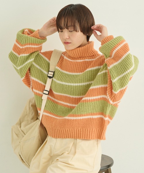 MERLOT（メルロー）の「マルチボーダータートルニット（ニット/セーター・レディース・オレンジ/ブラウン/ナチュラル・FREE）」の15枚目の写真
