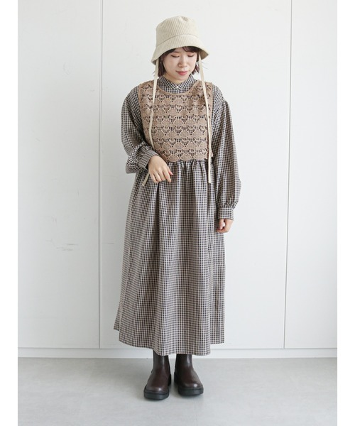 ehka sopo（エヘカソポ）の「レースベスト付チェック柄ワンピース（ワンピース・レディース・ブラウン/ベージュ/チャコール・ﾌﾘ-）」の3枚目の写真