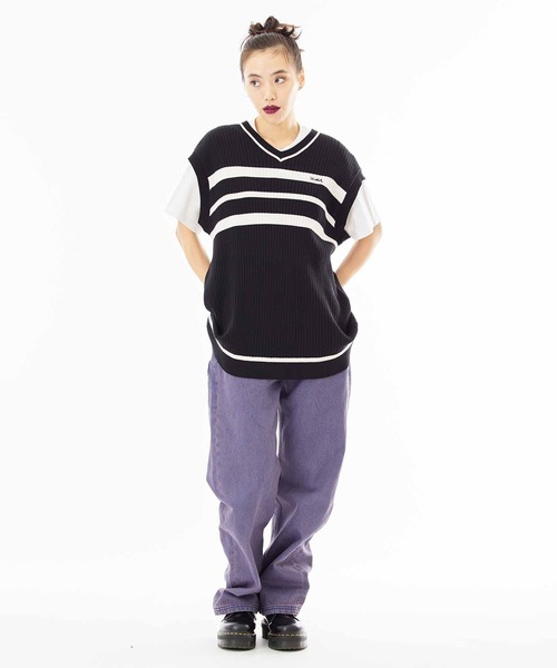 X-girl（エックスガール）の「BICOLOR STRIPED KNIT VEST（ベスト・レディース・ネイビー/ブラック/ホワイト・ONE SIZE）」の18枚目の写真