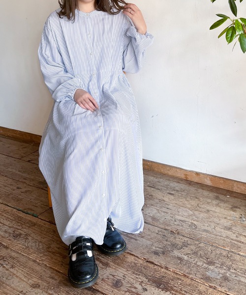 Mysa&Liina（ミーサリーナ）の「バンドカラーシャツワンピ（シャツワンピース・レディース・ブラック/オフホワイト/ストライプ・M）」の8枚目の写真