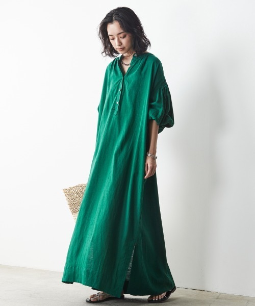 CHIC STYLE（シックスタイル）の「＜大きいサイズ＞レーヨン麻パフスリーブマキシワンピース シックスタイル（ワンピース・レディース・グリーン/モカ/ネイビー・4L/L/3L/5L/LL）」の3枚目の写真