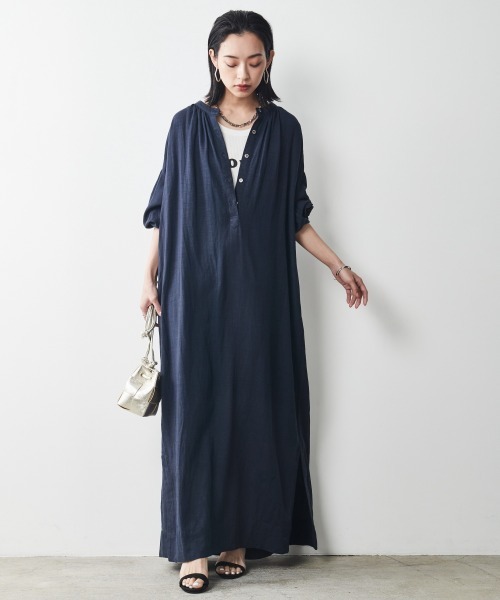 CHIC STYLE（シックスタイル）の「＜大きいサイズ＞レーヨン麻パフスリーブマキシワンピース シックスタイル（ワンピース・レディース・グリーン/モカ/ネイビー・4L/L/3L/5L/LL）」の10枚目の写真