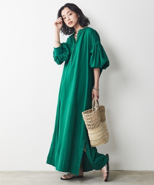 CHIC STYLE（シックスタイル）の「＜大きいサイズ＞レーヨン麻パフスリーブマキシワンピース シックスタイル（ワンピース・レディース・グリーン/モカ/ネイビー・4L/L/3L/5L/LL）」の11枚目の写真