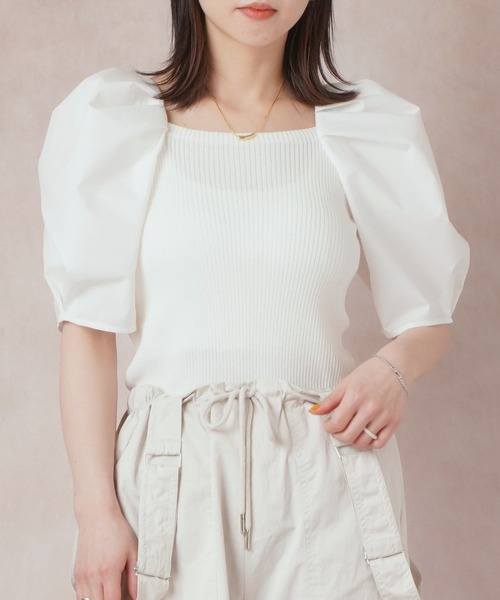 Lull（ルル）の「【Lull / ルル】ニットドッキングパフスリーブブラウス（シャツ/ブラウス・レディース・ネイビー/ベージュ/モスグリーン/オフホワイト・ONESIZE）」の2枚目の写真