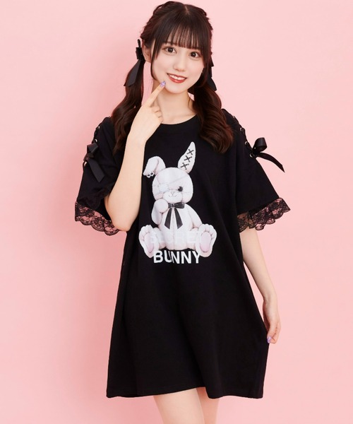 Secret Honey(シークレットハニー)の「肩レースアップうさぎプリントTシャツ(Tシャツ/カットソー・レディース・キナリ/ピンク/ブラック系その他/オフホワイト/ライトピンク/ブラック・FREE)」の9枚目の写真