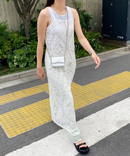 クロシェ メッシュ キャミソール ロング ワンピース HR3975 クロシェ編み キャミソール ワンピース ロング メッシュ hr3975