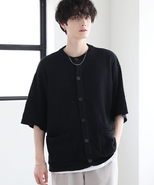ETELIO(エテリオ)の「ビッグシルエット鹿の子編み5分袖サマーカーディガン(カーディガン/ボレロ・メンズ・ブルー/グレー/ブラック/ワイン・S/M/L)」の15枚目の写真