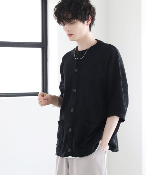 ETELIO(エテリオ)の「ビッグシルエット鹿の子編み5分袖サマーカーディガン(カーディガン/ボレロ・メンズ・ブルー/グレー/ブラック/ワイン・S/M/L)」の17枚目の写真