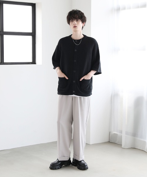 ビッグシルエット鹿の子編み5分袖サマーカーディガン（カーディガン