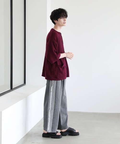 ビッグシルエット鹿の子編み5分袖サマーカーディガン（カーディガン