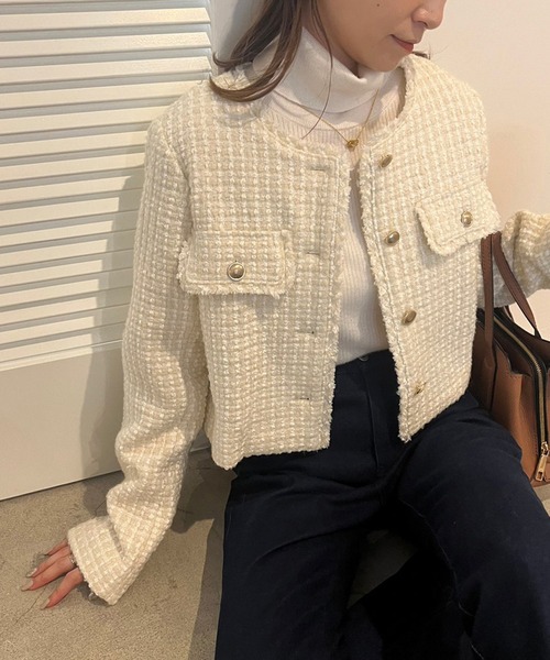 one after another NICE CLAUP（ワンアフターアナザーナイスクラップ）の「ヴィンテージツィードジャケット（ノーカラージャケット・レディース・ホワイト系その他/アイボリー/ブラック・FREE）」の2枚目の写真