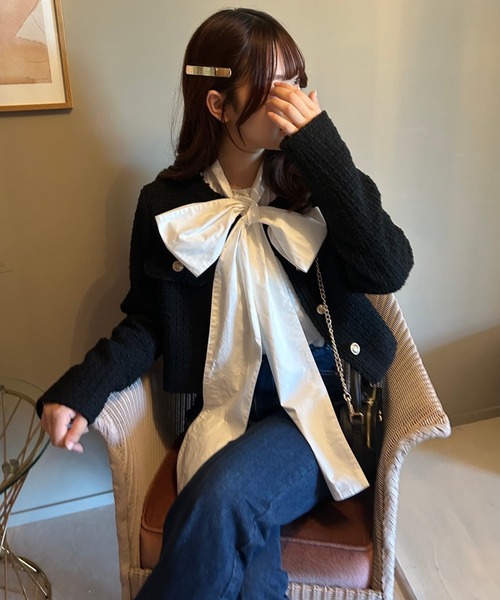 one after another NICE CLAUP（ワンアフターアナザーナイスクラップ）の「ヴィンテージツィードジャケット（ノーカラージャケット・レディース・ホワイト系その他/アイボリー/ブラック・FREE）」の3枚目の写真