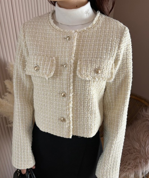 one after another NICE CLAUP（ワンアフターアナザーナイスクラップ）の「ヴィンテージツィードジャケット（ノーカラージャケット・レディース・ホワイト系その他/アイボリー/ブラック・FREE）」の6枚目の写真