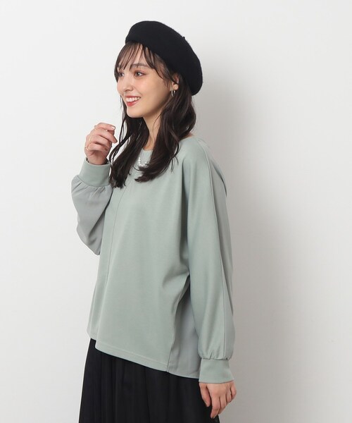DRESKIP（ドレスキップ）の「◆【体型カバー】前後異素材切り替え ドルマントップス（Tシャツ/カットソー・レディース・グリーン系/ブラック/ライトグレー/ナチュラル・00）」の6枚目の写真