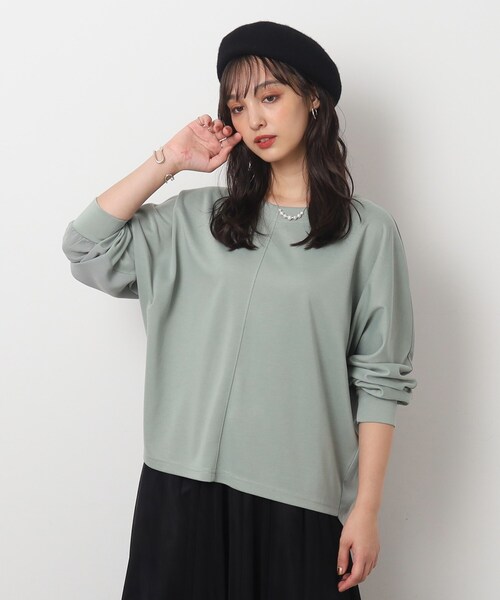 DRESKIP（ドレスキップ）の「◆【体型カバー】前後異素材切り替え ドルマントップス（Tシャツ/カットソー・レディース・グリーン系/ブラック/ライトグレー/ナチュラル・00）」の7枚目の写真