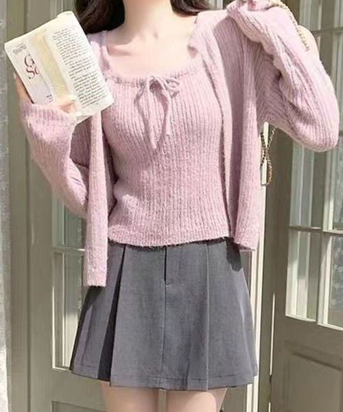leune(ルネ)の「リボンニットキャミ×クロップドカーディガンセット(カーディガン/ボレロ・レディース・ピンク/ベージュ・FREE)」の5枚目の写真