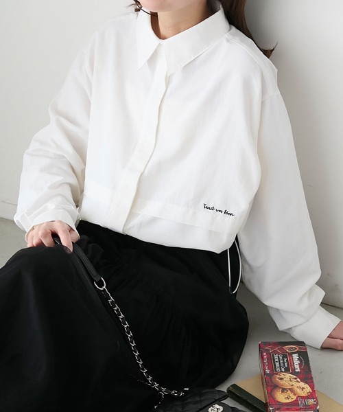 BONLECILL（ボンルシール）の「配色ロゴ刺繍入りドロストナイロンシャツ（シャツ/ブラウス・レディース・ピンク/グリーン/アイボリー/チャコールグレー・FREE）」の12枚目の写真