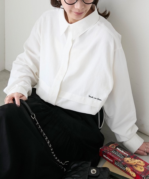 BONLECILL（ボンルシール）の「配色ロゴ刺繍入りドロストナイロンシャツ（シャツ/ブラウス・レディース・ピンク/グリーン/アイボリー/チャコールグレー・FREE）」の13枚目の写真