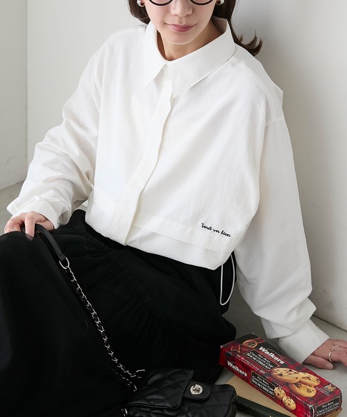 BONLECILL（ボンルシール）の「配色ロゴ刺繍入りドロストナイロンシャツ（シャツ/ブラウス・レディース・ピンク/グリーン/アイボリー/チャコールグレー・FREE）」の14枚目の写真