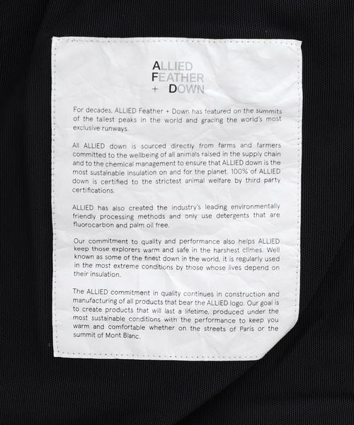 ALLIED FEATHER+DOWN（アライドフェザーダウン）の「【ALLIED FEATHER&DOWN / アライド フェザー&ダウン】 UL  Bulky Down Jacket（ダウンジャケット/コート・メンズ・ブラック/ホワイト・SMALL/MEDIUM/LARGE）」の8枚目の写真