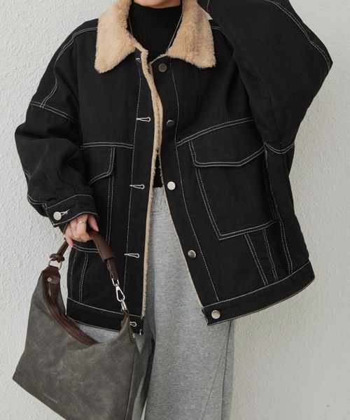 セール】裏ボア デニムコート/ジャケット インナーファー使いステッチ