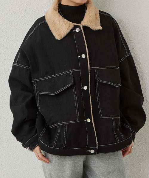 セール】裏ボア デニムコート/ジャケット インナーファー使いステッチ