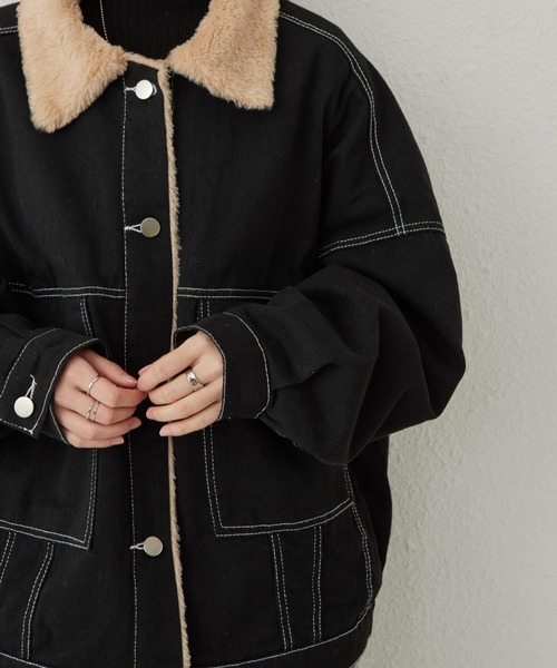 セール】裏ボア デニムコート/ジャケット インナーファー使いステッチ