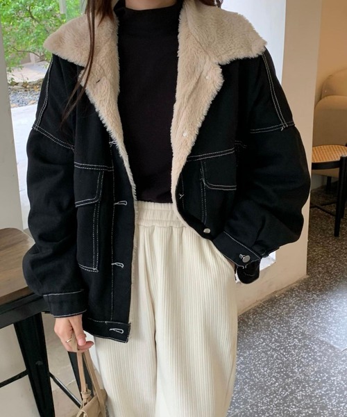 セール】裏ボア デニムコート/ジャケット インナーファー使いステッチ