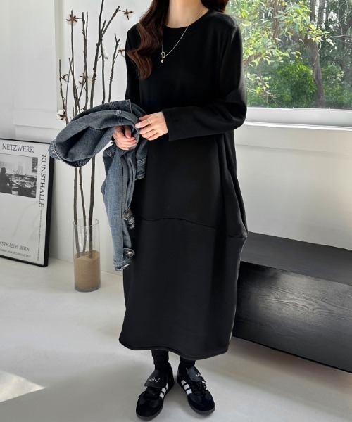 COCOMOMO（ココモモ）の「裏起毛 コクーンワンピース（ワンピース・レディース・ブラック/グレイッシュベージュ/ネイビー/グレー・M/L）」の6枚目の写真