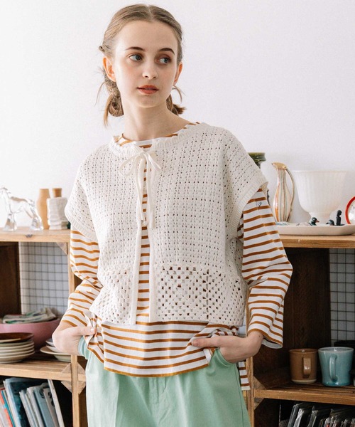 POU DOU DOU（プードゥドゥ）の「クロシェパターンベスト（ベスト・レディース・ダークグレー/アイボリー/ライトブルー・3）」の7枚目の写真