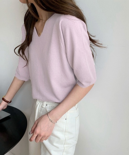 Miniministore(ミニミニストア)の「vネックサマーニット レディース 五分袖(ニット/セーター・レディース・グリーン/オフホワイト/アイボリー/ブラック/ラベンダー・FREE)」の16枚目の写真