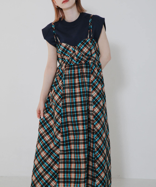 【最終値下げ】 Crossケープ付きワンピース キャミワンピース ロング フロッキードット[品番：SGBW0001372
