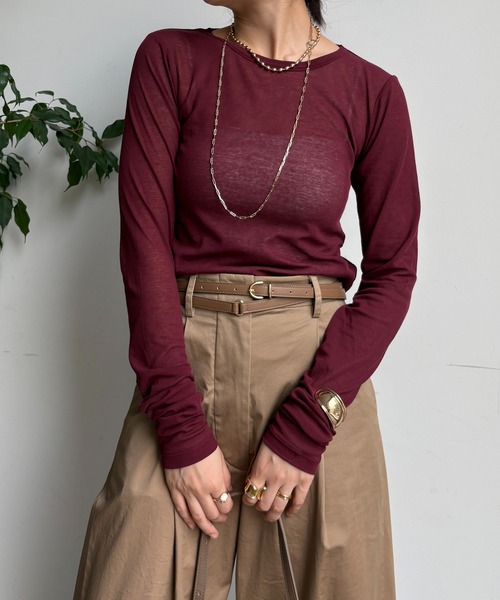 DouDou(ドゥドゥ)の「コットンシアーTEE(Tシャツ/カットソー・レディース・ネイビー/オフホワイト/ベビーピンク/サックスブルー/ホワイト/レモンイエロー/ブラック/ブルー/ブラウン/ライトベージュ/ピンク/ボルドー/ダークブラウン・FREE)」の13枚目の写真