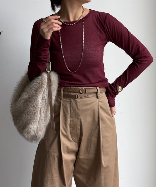 DouDou(ドゥドゥ)の「コットンシアーTEE(Tシャツ/カットソー・レディース・ネイビー/オフホワイト/ベビーピンク/サックスブルー/ホワイト/レモンイエロー/ブラック/ブルー/ブラウン/ライトベージュ/ピンク/ボルドー/ダークブラウン・FREE)」の18枚目の写真